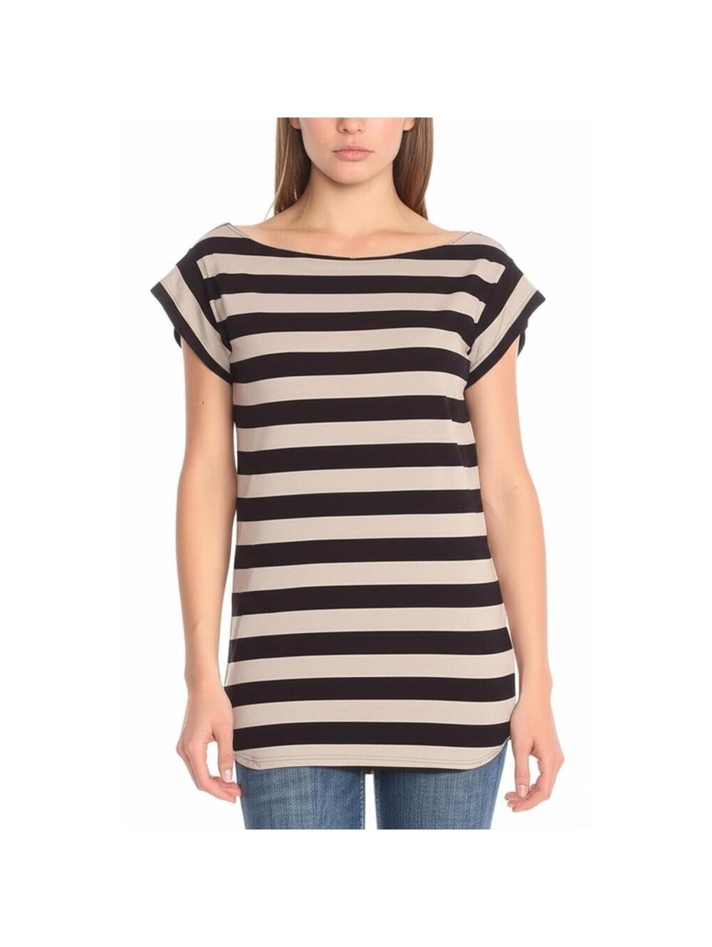 FRENCH CONNECTION Boat Neck Short Sleeve Casual T Shirt in Black|Beige-Medium